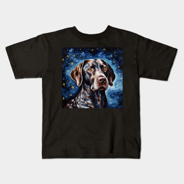 Black English Pointer painted in Starry Night style Kids T-Shirt by NatashaCuteShop